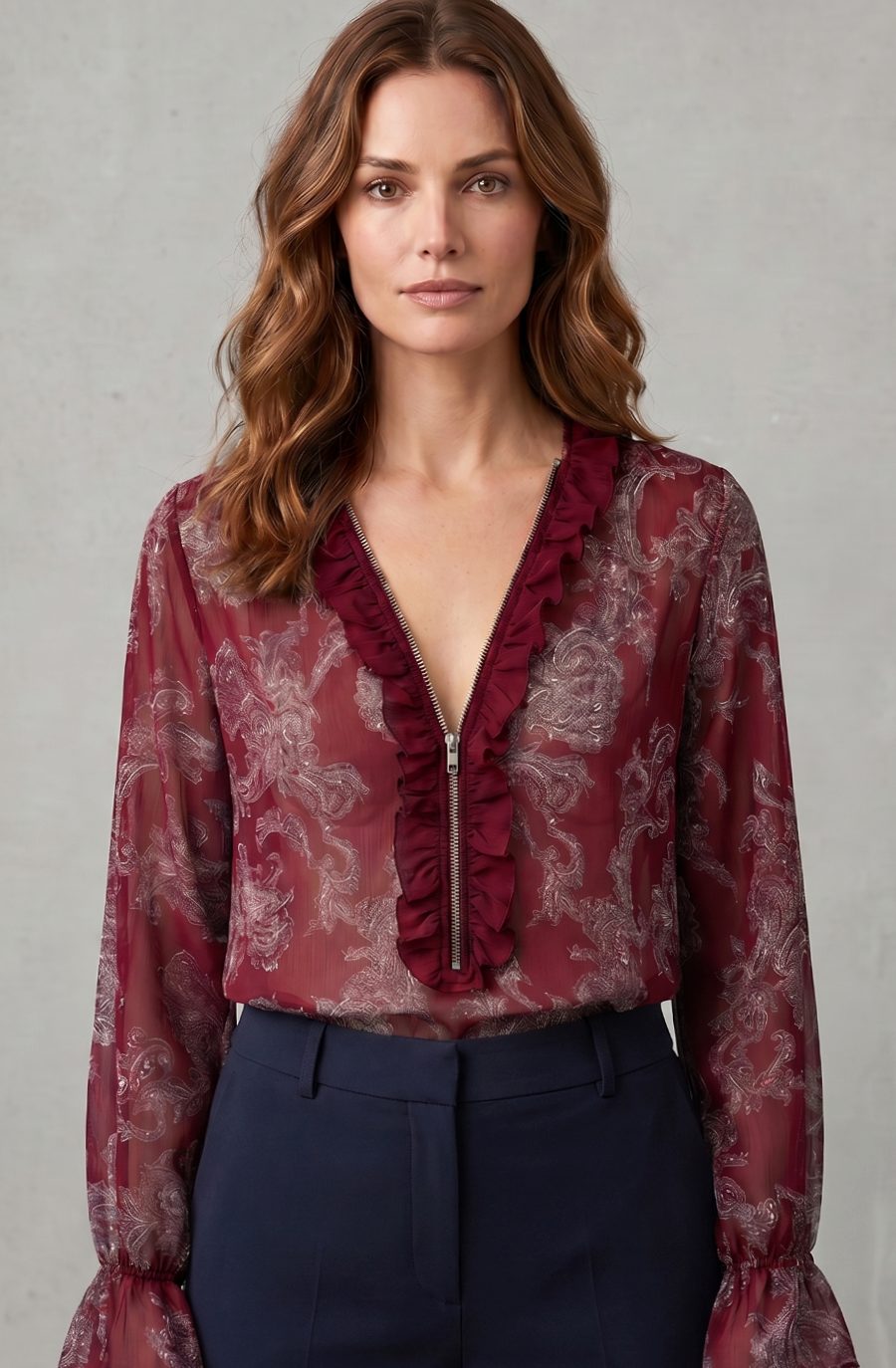 Women's Paisley Chiffon Ruffle V-Neck Long Sleeve Blouse, Navy Blue
