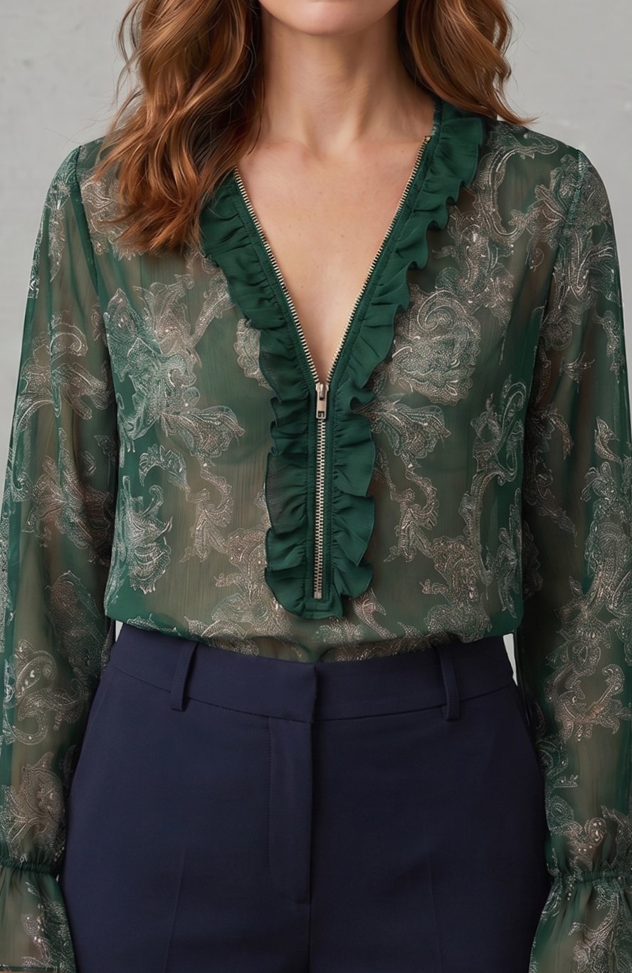 Women's Paisley Chiffon Ruffle V-Neck Long Sleeve Blouse, Navy Blue - Olive Green