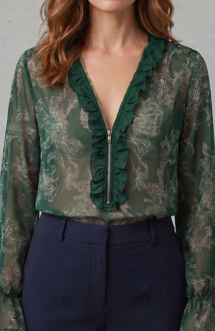 Women's Paisley Chiffon Ruffle V-Neck Long Sleeve Blouse, Navy Blue - Olive Green