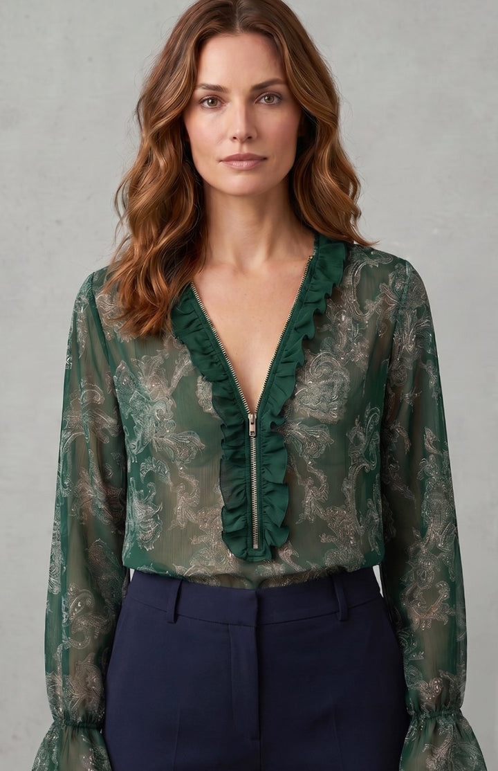 Women's Paisley Chiffon Ruffle V-Neck Long Sleeve Blouse, Navy Blue