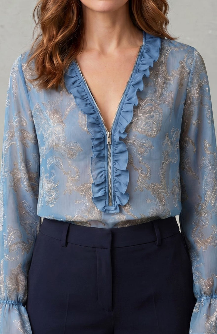Women's Paisley Chiffon Ruffle V-Neck Long Sleeve Blouse, Navy Blue - Sky Blue
