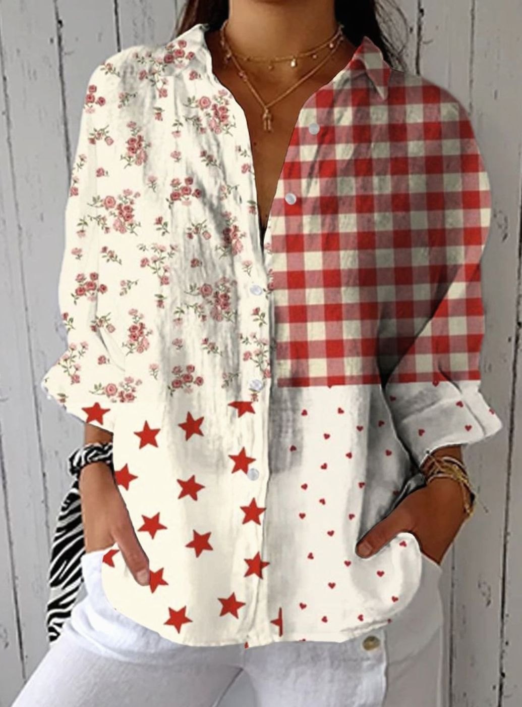 Women's Patchwork Floral Gingham Long Sleeve Button-Up Blouse - Multicolor