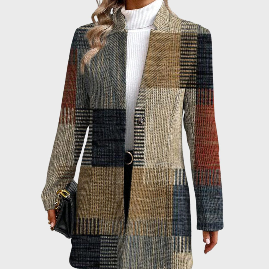 Women's Patchwork Plaid Open-Front Long Blazer Coat - Multicolor