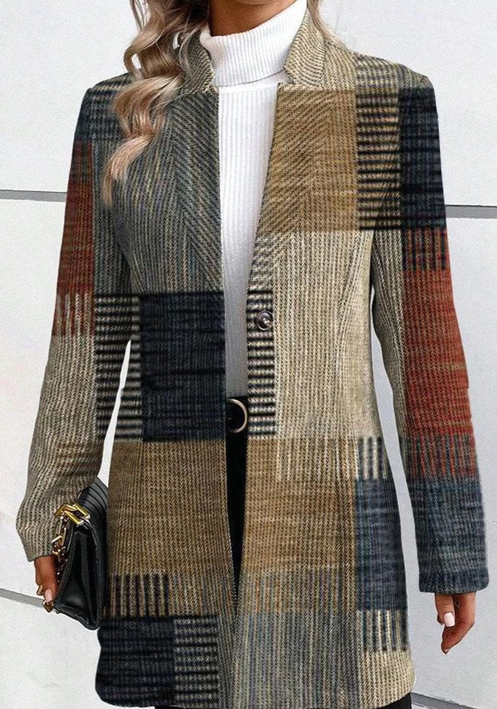 Women's Patchwork Plaid Open-Front Long Blazer Coat