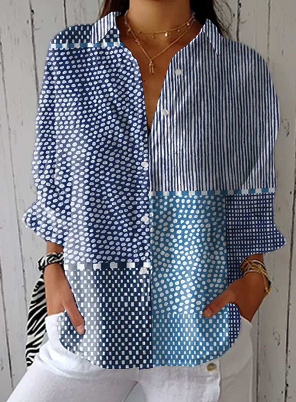 Women's Patchwork Polka Dot Striped Button-Front Blouse - Multicolor