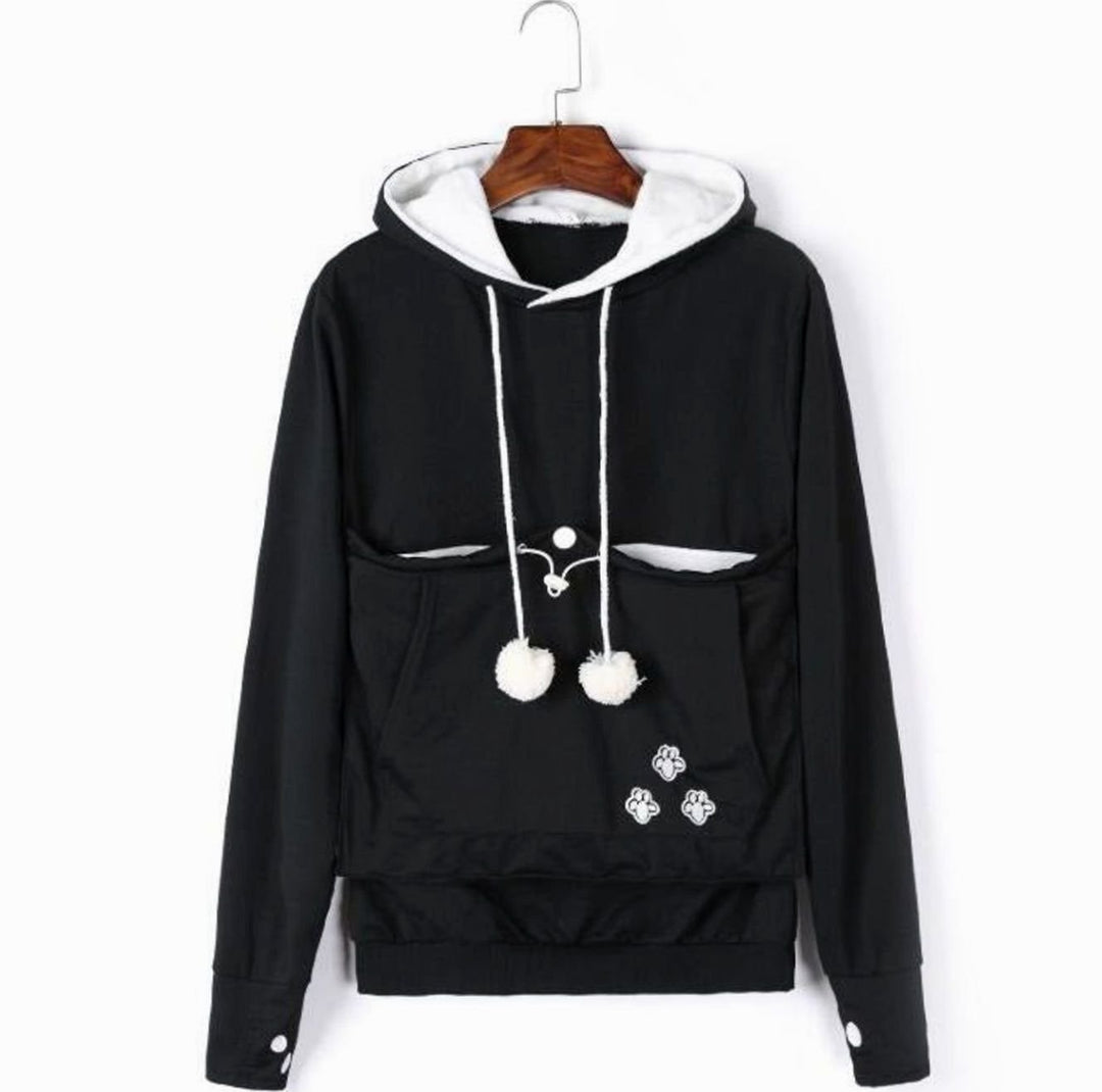 Women's Pet Carrier Pullover Hoodie Paw Print Pouch Sweatshirt - Black