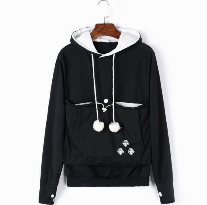 Women's Pet Carrier Pullover Hoodie Paw Print Pouch Sweatshirt - Black