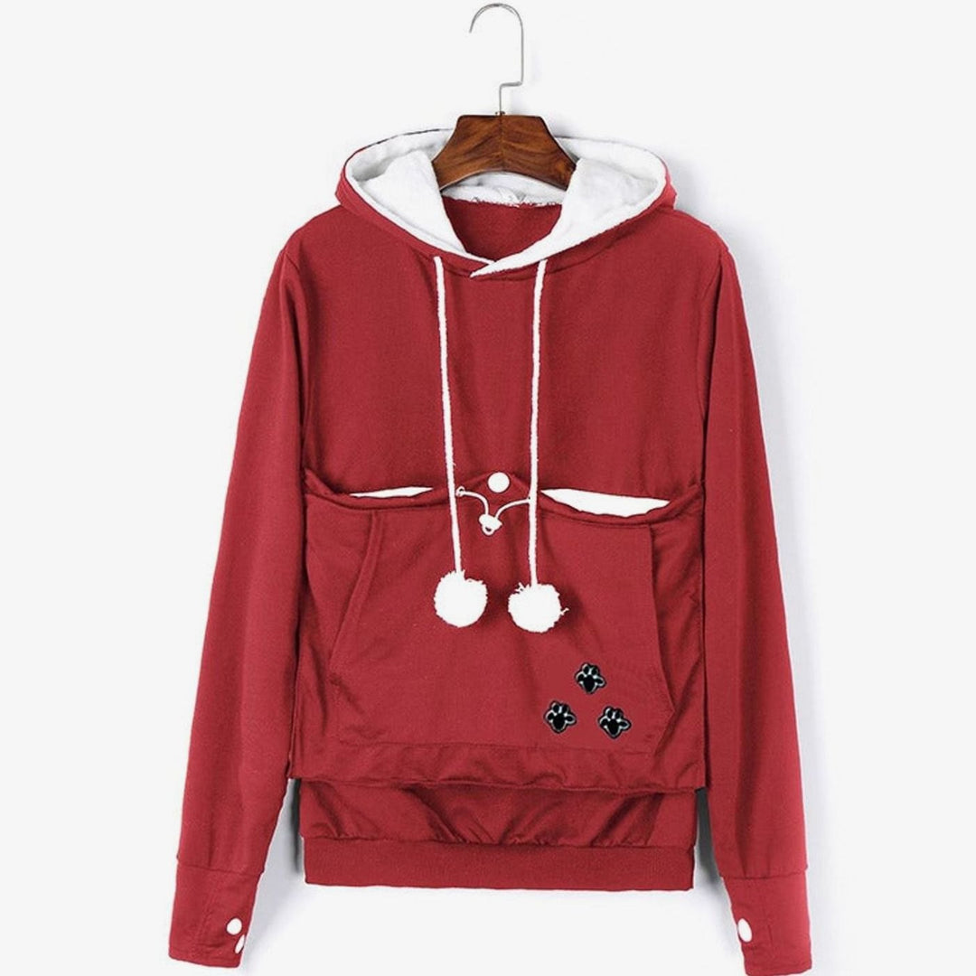 Women's Pet Carrier Pullover Hoodie Paw Print Pouch Sweatshirt - Red