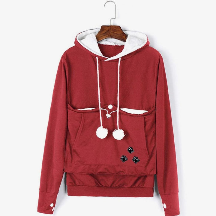 Women's Pet Carrier Pullover Hoodie Paw Print Pouch Sweatshirt - Red