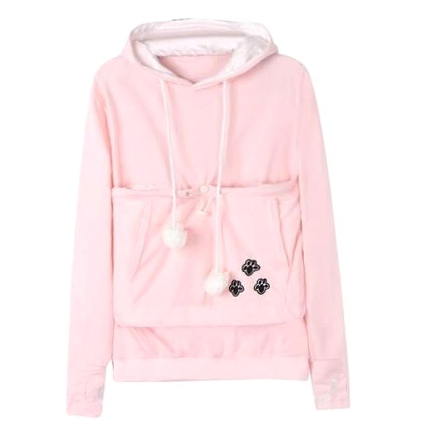 Women's Pet Carrier Pullover Hoodie Paw Print Pouch Sweatshirt - Pink