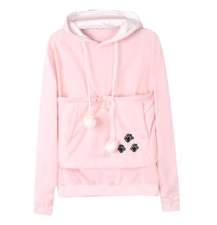 Women's Pet Carrier Pullover Hoodie Paw Print Pouch Sweatshirt - Pink