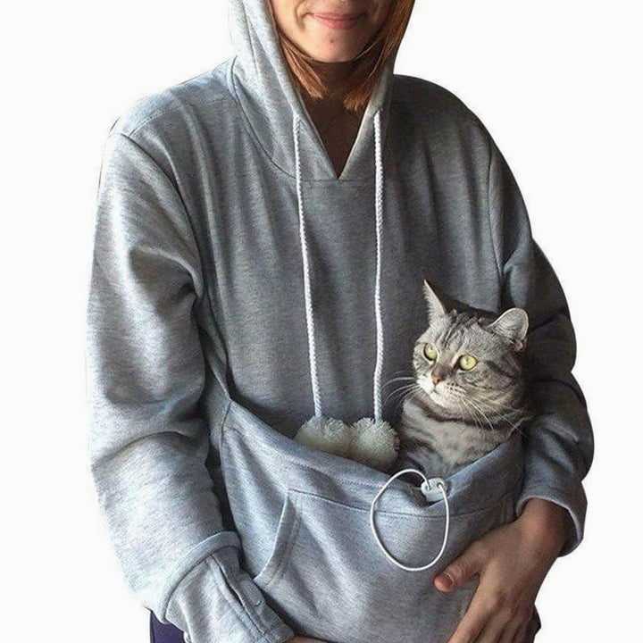 Women's Pet Carrier Pullover Hoodie Paw Print Pouch Sweatshirt - Grey
