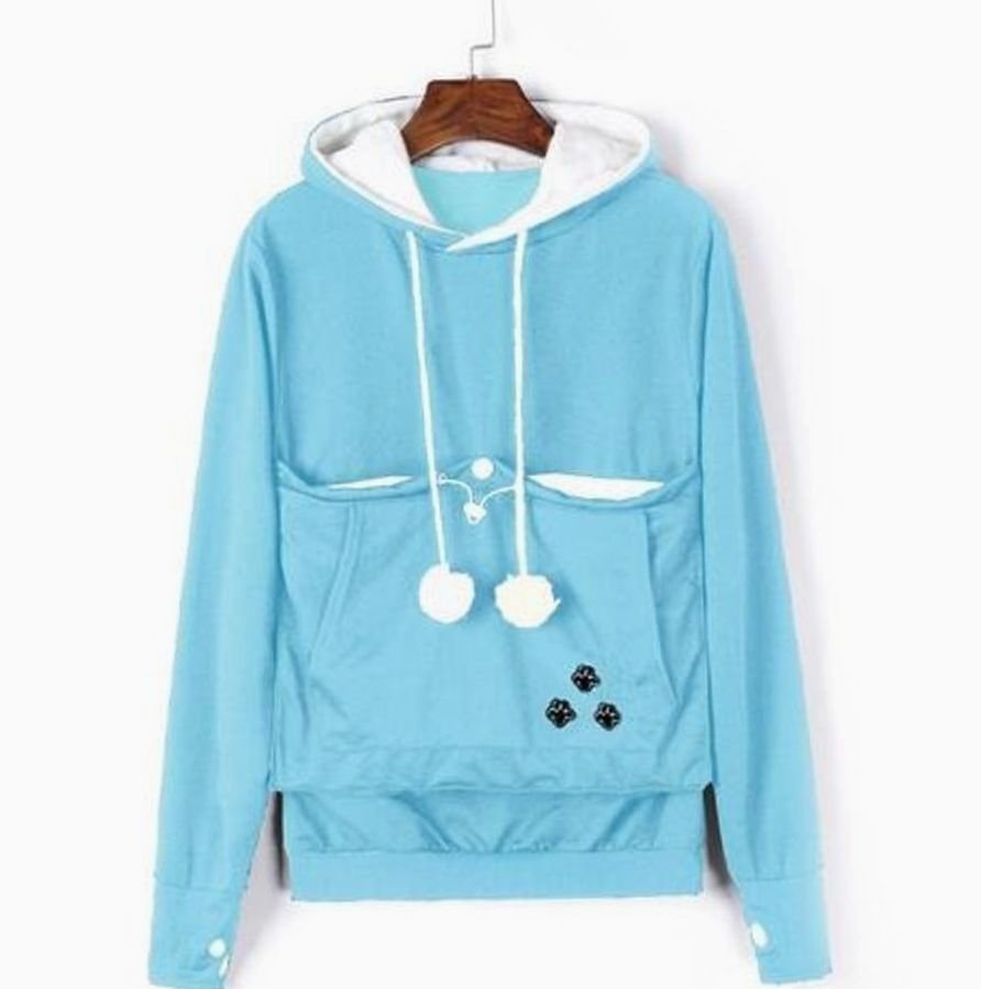 Women's Pet Carrier Pullover Hoodie Paw Print Pouch Sweatshirt - Blue