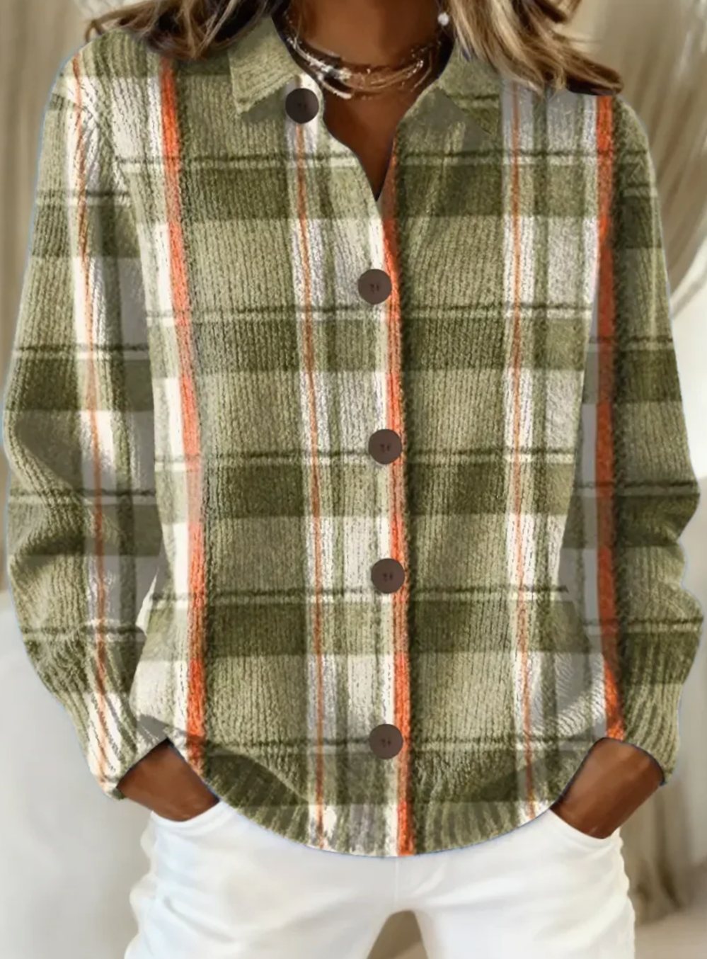 Women's Plaid Button-Front Cardigan Relaxed Collar Long Sleeve