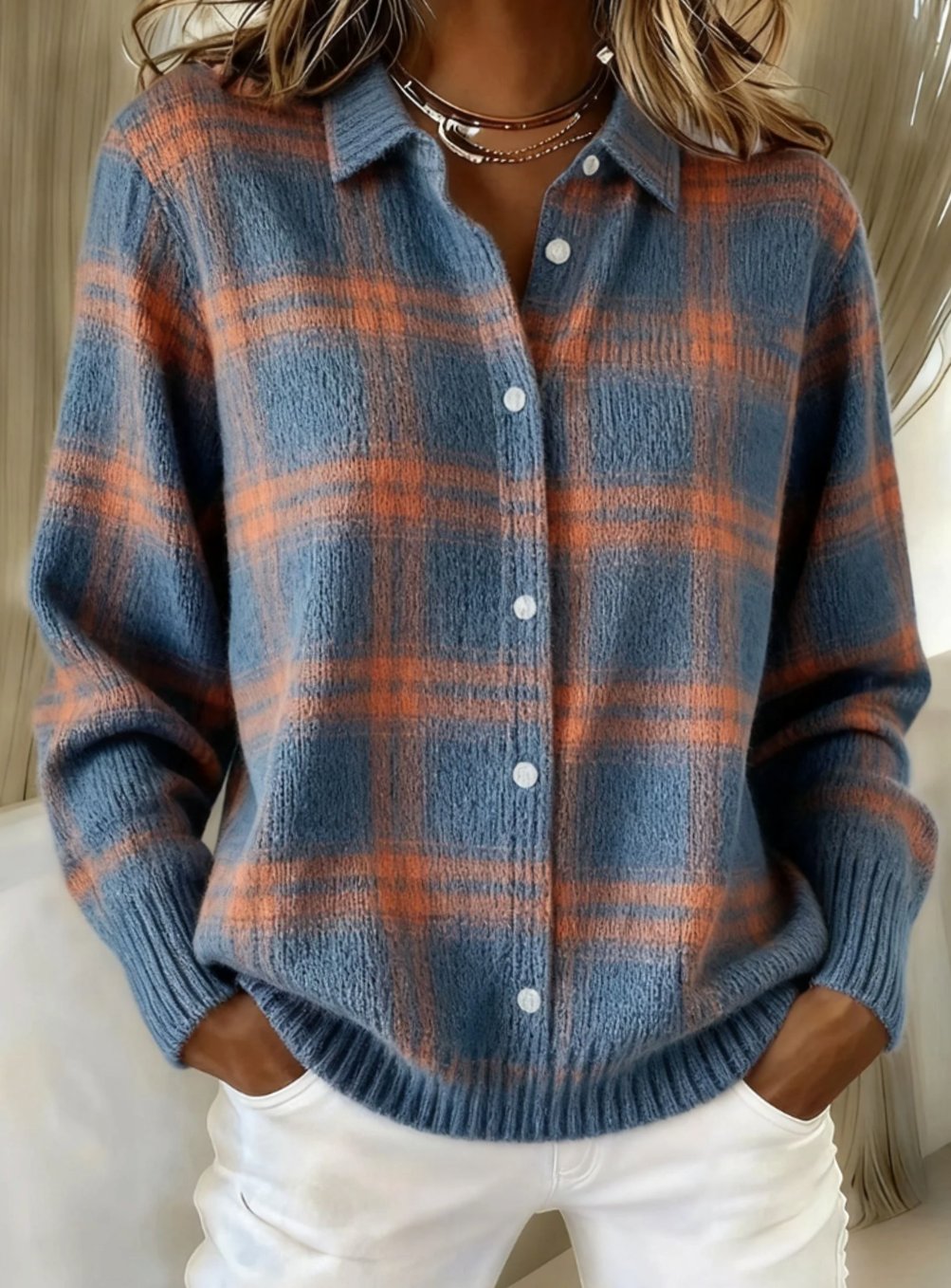 Women's Plaid Button-Up Relaxed-Fit Knit Cardigan