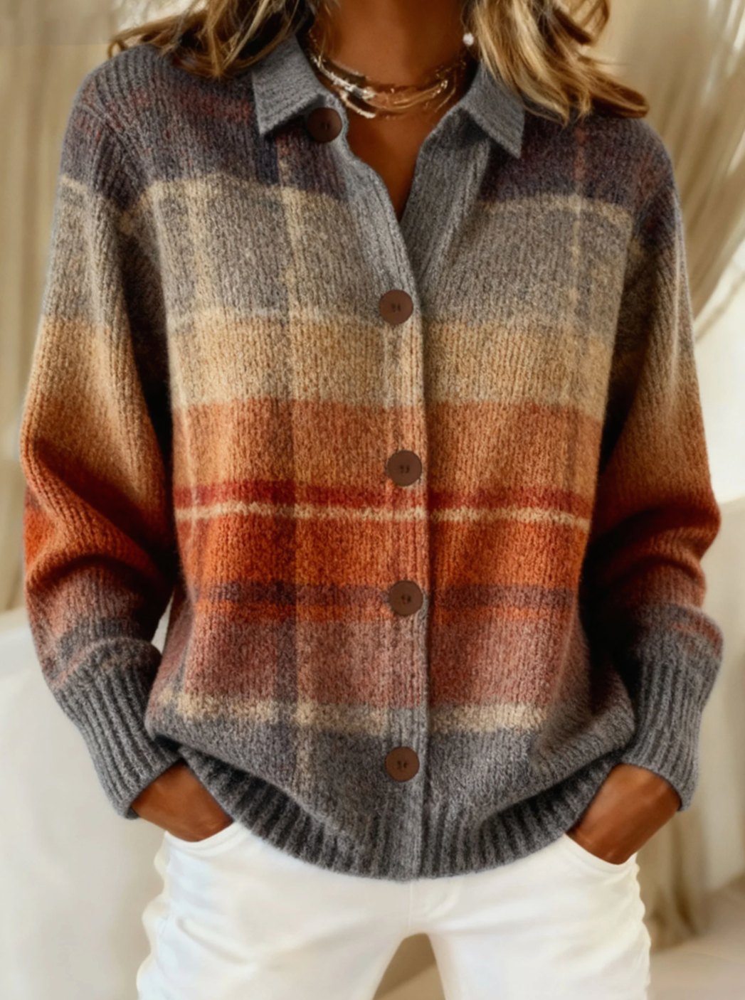Women's Plaid Collared Button-Front Ombre Knit Cardigan
