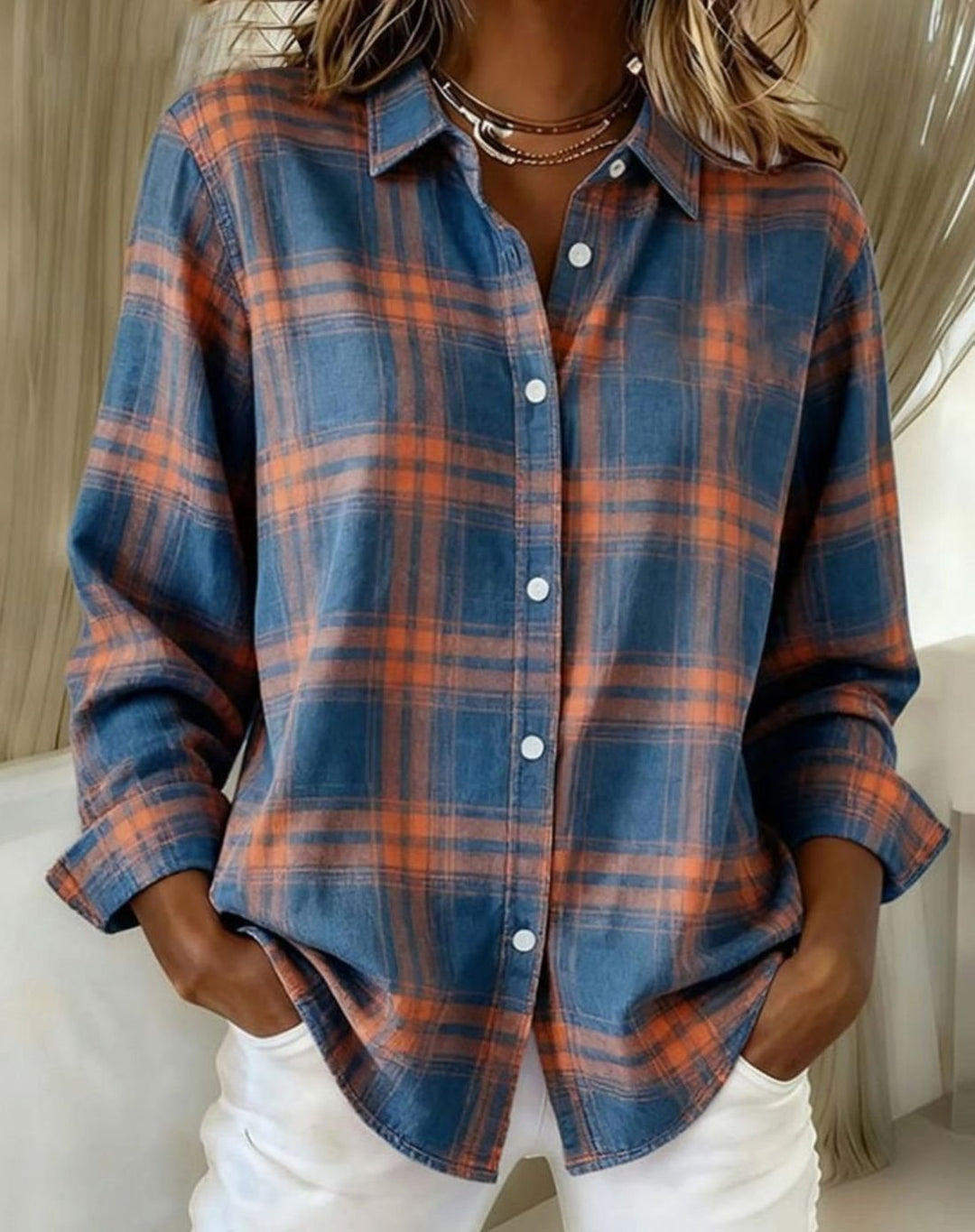 Women's Plaid Cotton Blend Button-Up Overshirt Jacket - Blue