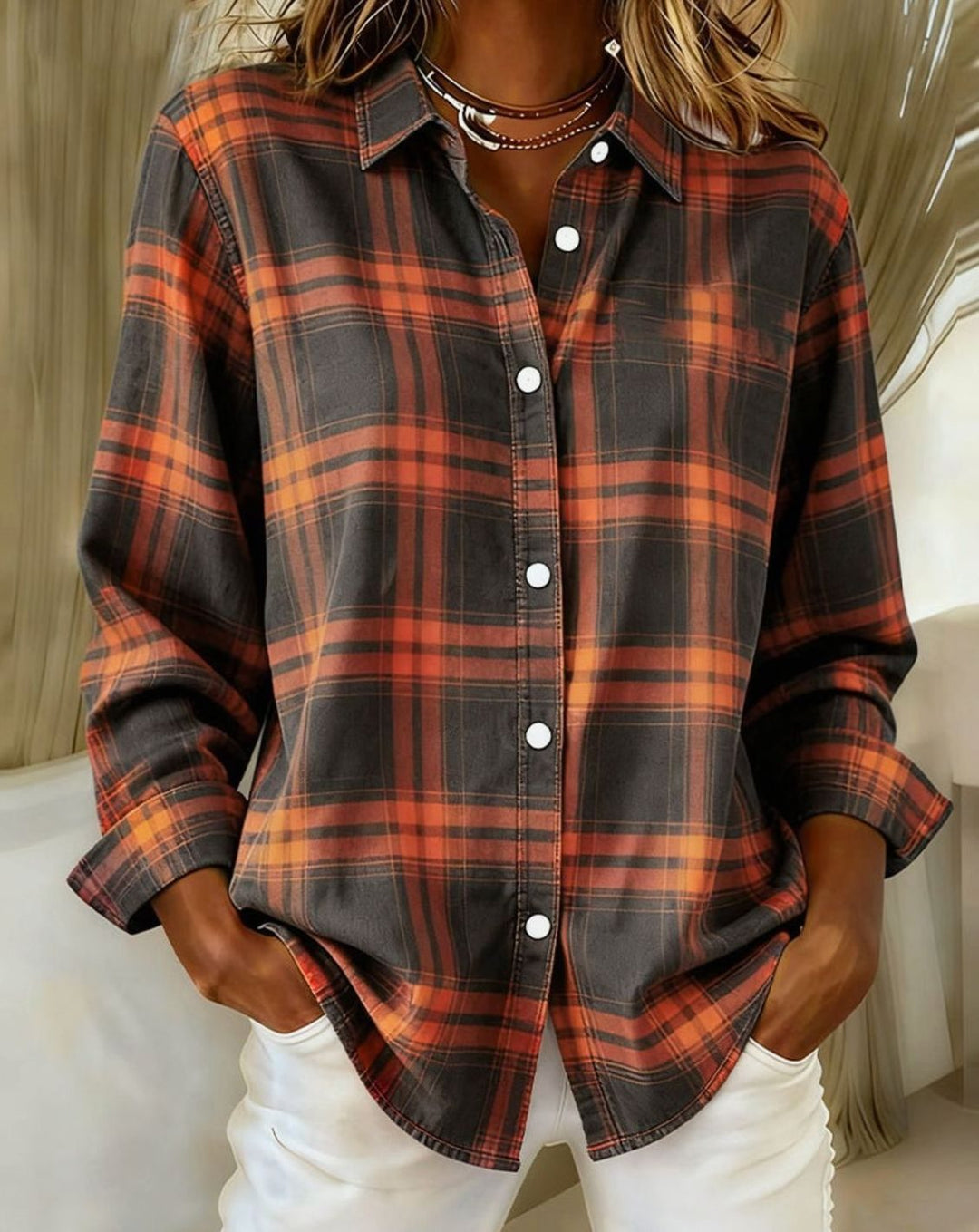 Women's Plaid Cotton Blend Button-Up Overshirt Jacket - Orange