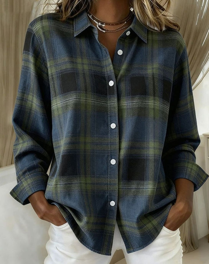 Women's Plaid Cotton Blend Button-Up Overshirt Jacket - Green