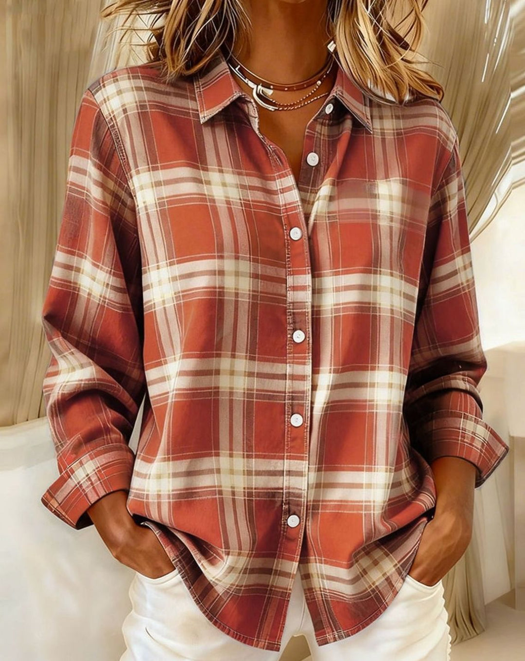 Women's Plaid Cotton Blend Button-Up Overshirt Jacket - Red
