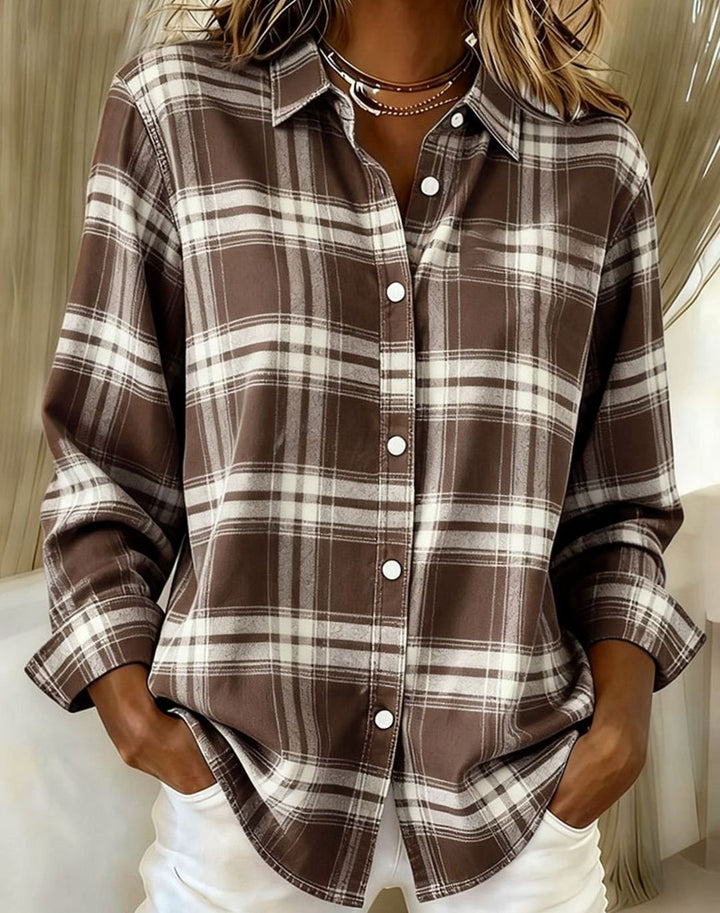 Women's Plaid Cotton Blend Button-Up Overshirt Jacket - Coffee Brown