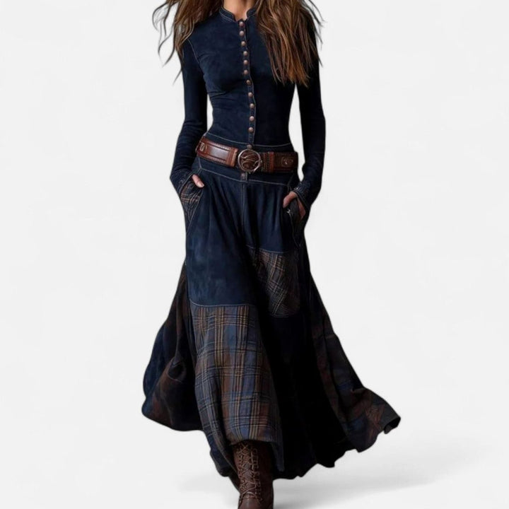 Women's Plaid Patchwork Button-Front Long Sleeve Maxi Dress - Royal Blue