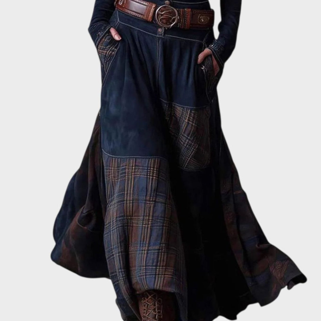 Women's Plaid Patchwork Button-Front Long Sleeve Maxi Dress