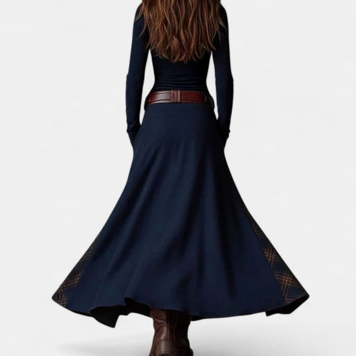 Women's Plaid Patchwork Button-Front Long Sleeve Maxi Dress