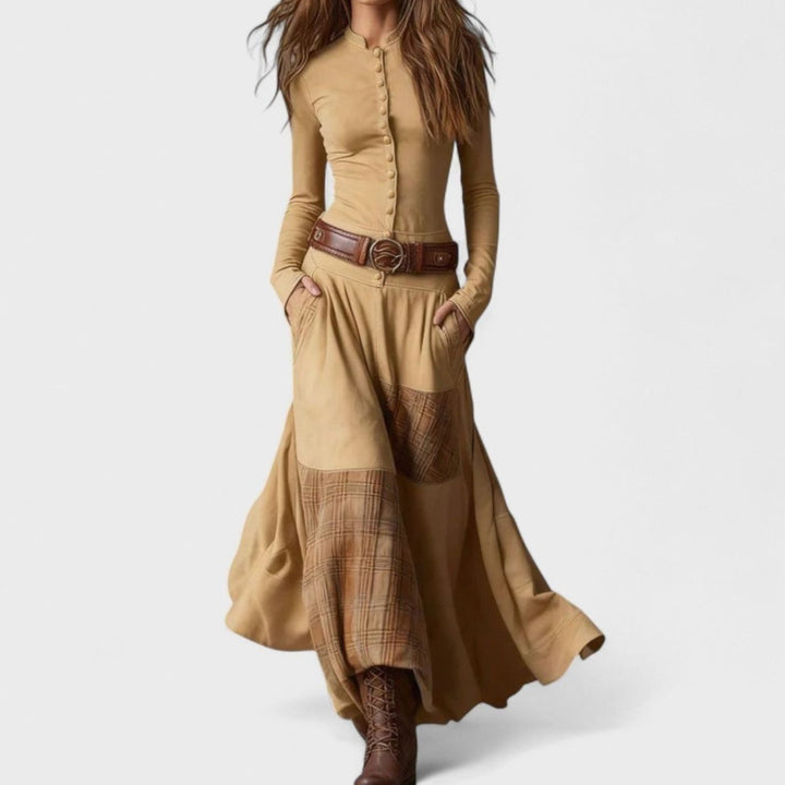 Women's Plaid Patchwork Button-Front Long Sleeve Maxi Dress - Apricot