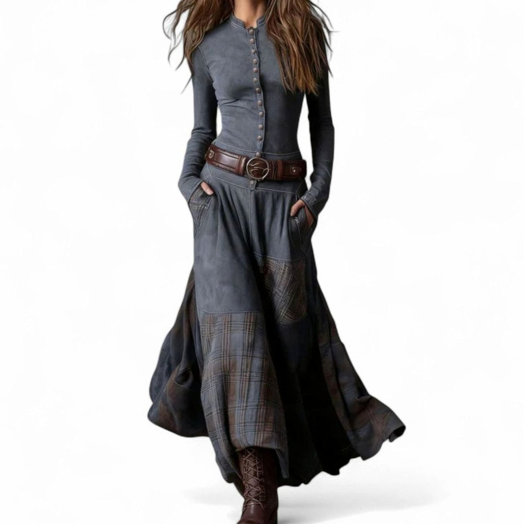 Women's Plaid Patchwork Button-Front Long Sleeve Maxi Dress - Gray