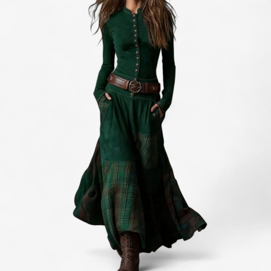 Women's Plaid Patchwork Button-Front Long Sleeve Maxi Dress - Green