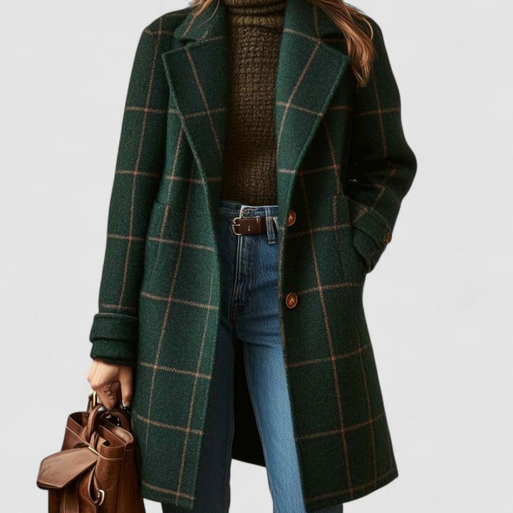 Women's Plaid Tailored Notch-Lapel Button-Front Wool-Blend Coat - Dark Green