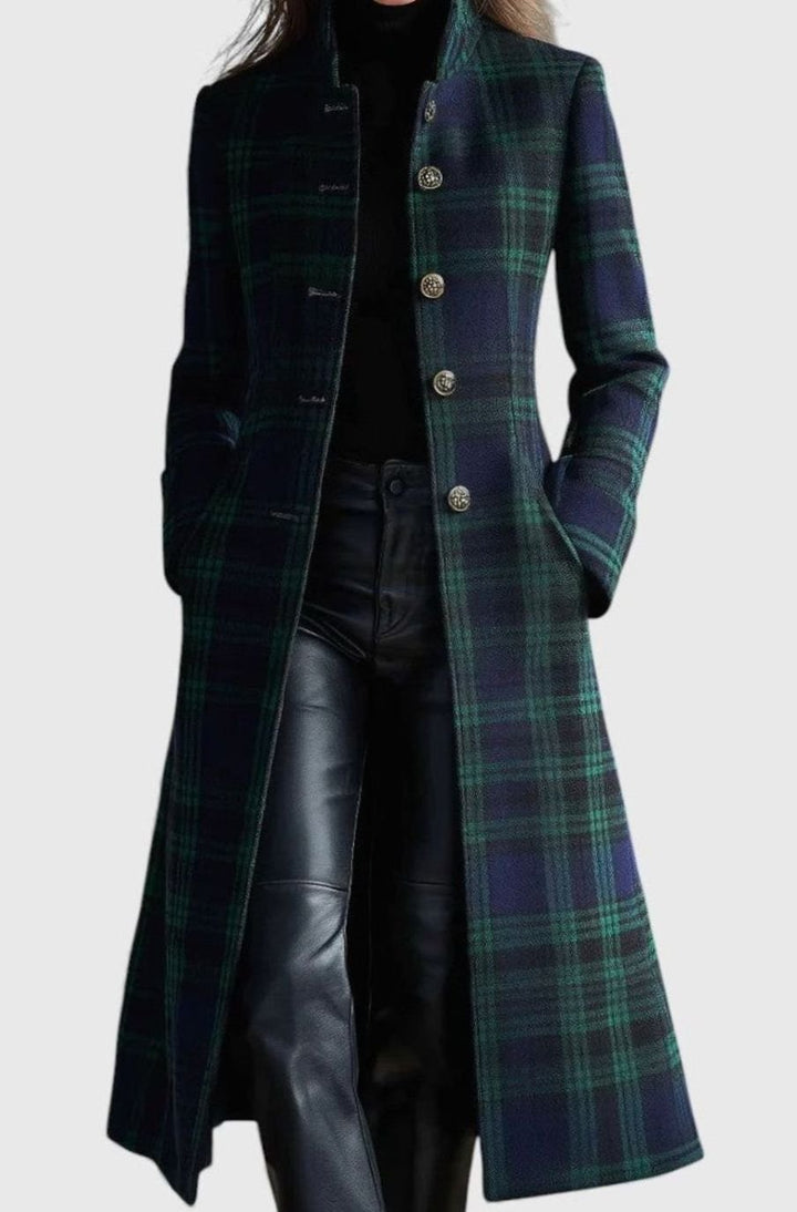 Women's Plaid Tartan Mid-Length Single-Breasted Wool-Look Coat - Green