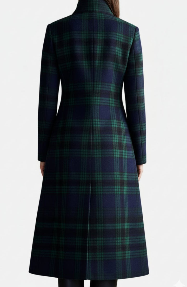 Women's Plaid Tartan Mid-Length Single-Breasted Wool-Look Coat