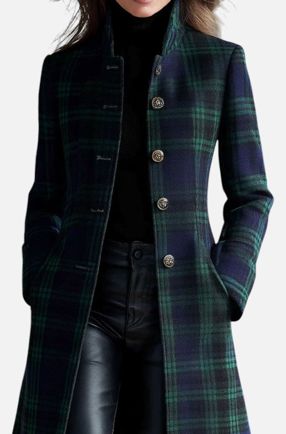 Women's Plaid Tartan Mid-Length Single-Breasted Wool-Look Coat