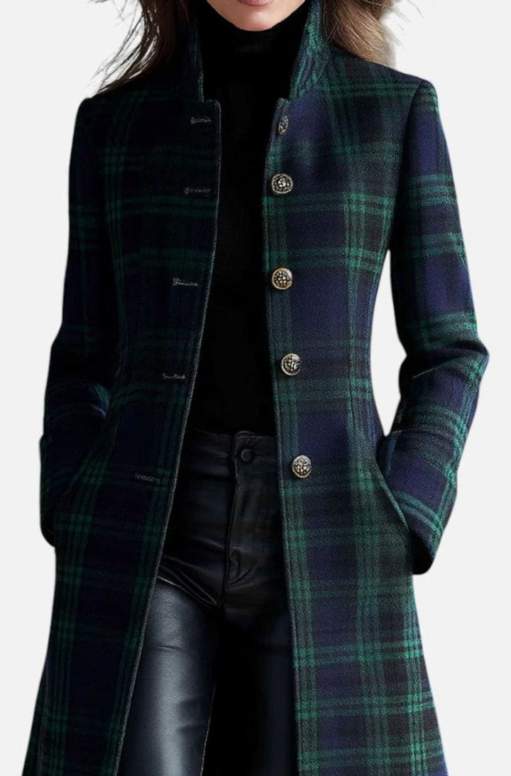 Women's Plaid Tartan Mid-Length Single-Breasted Wool-Look Coat