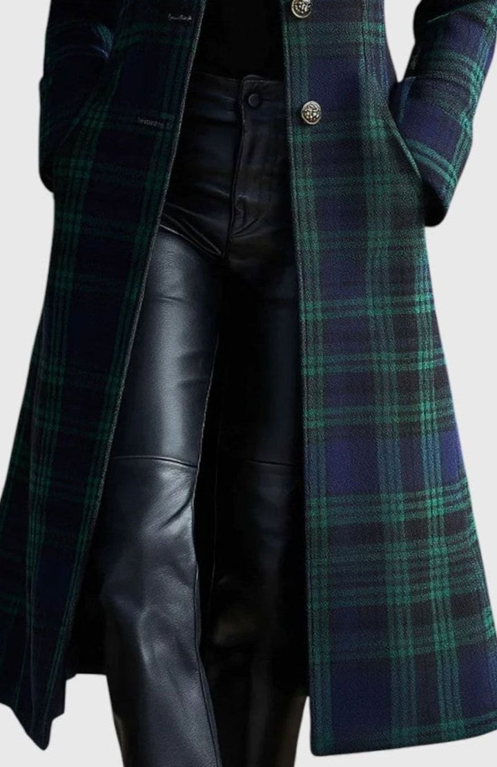 Women's Plaid Tartan Mid-Length Single-Breasted Wool-Look Coat