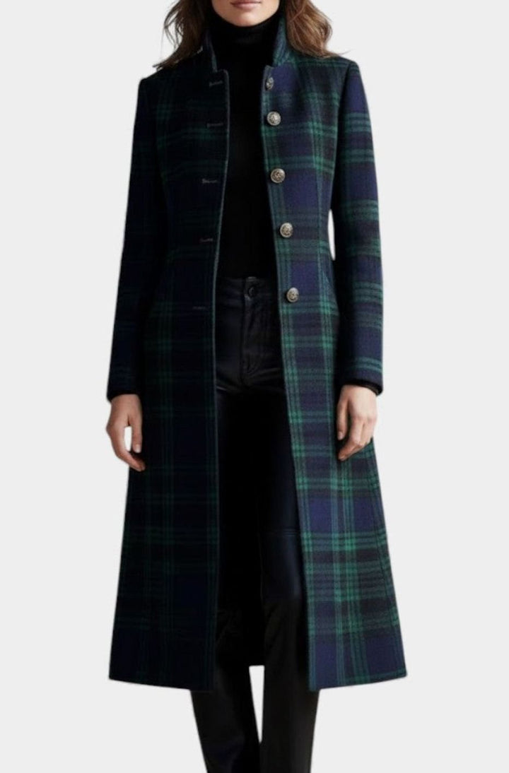 Women's Plaid Tartan Mid-Length Single-Breasted Wool-Look Coat
