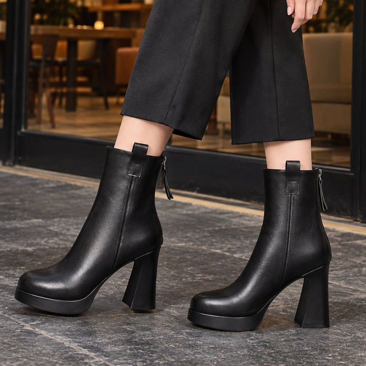 Women's Platform Block-Heel Zip-Up Ankle Boots - Black