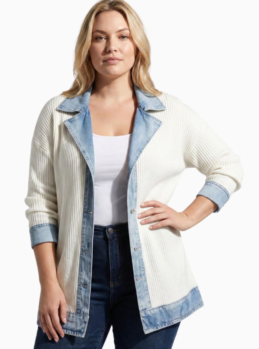 Women's Plus-Size Open-Front Denim-Trim Long Cardigan Sweater