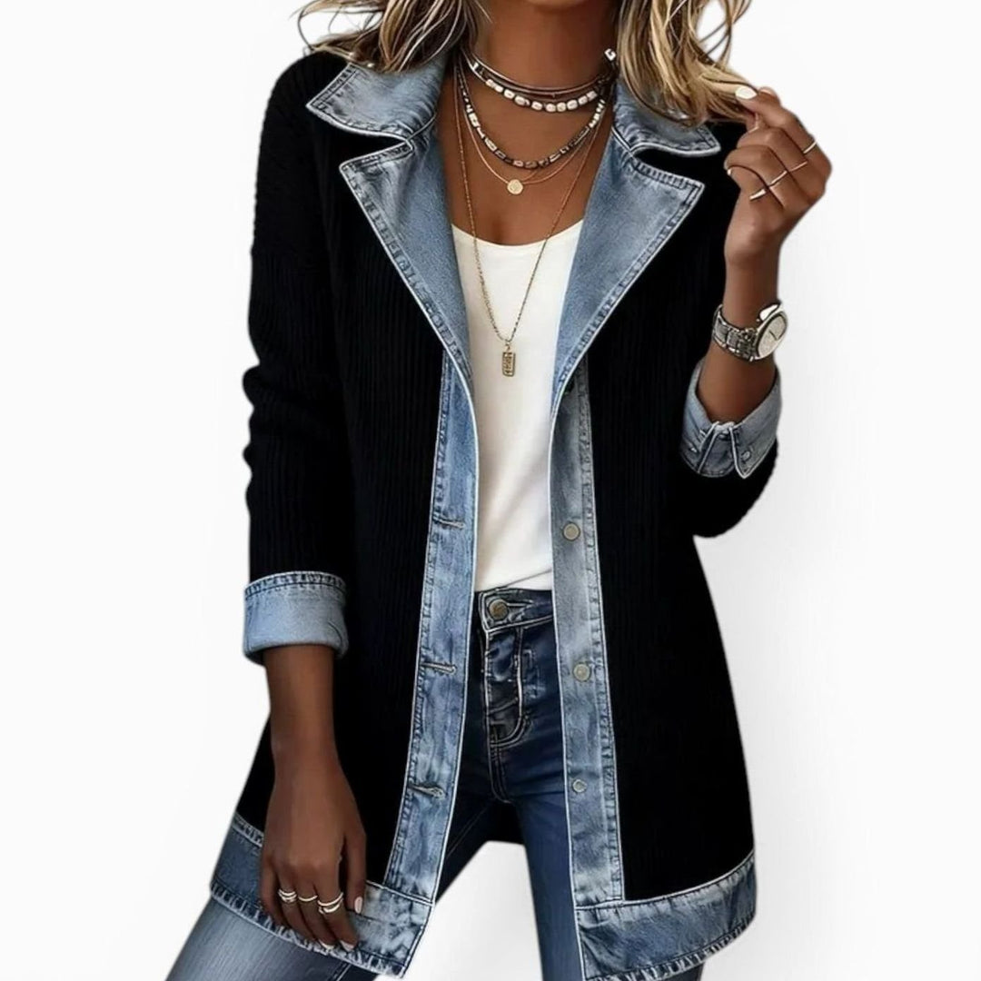 Women's Plus-Size Open-Front Denim-Trim Long Cardigan Sweater - Black