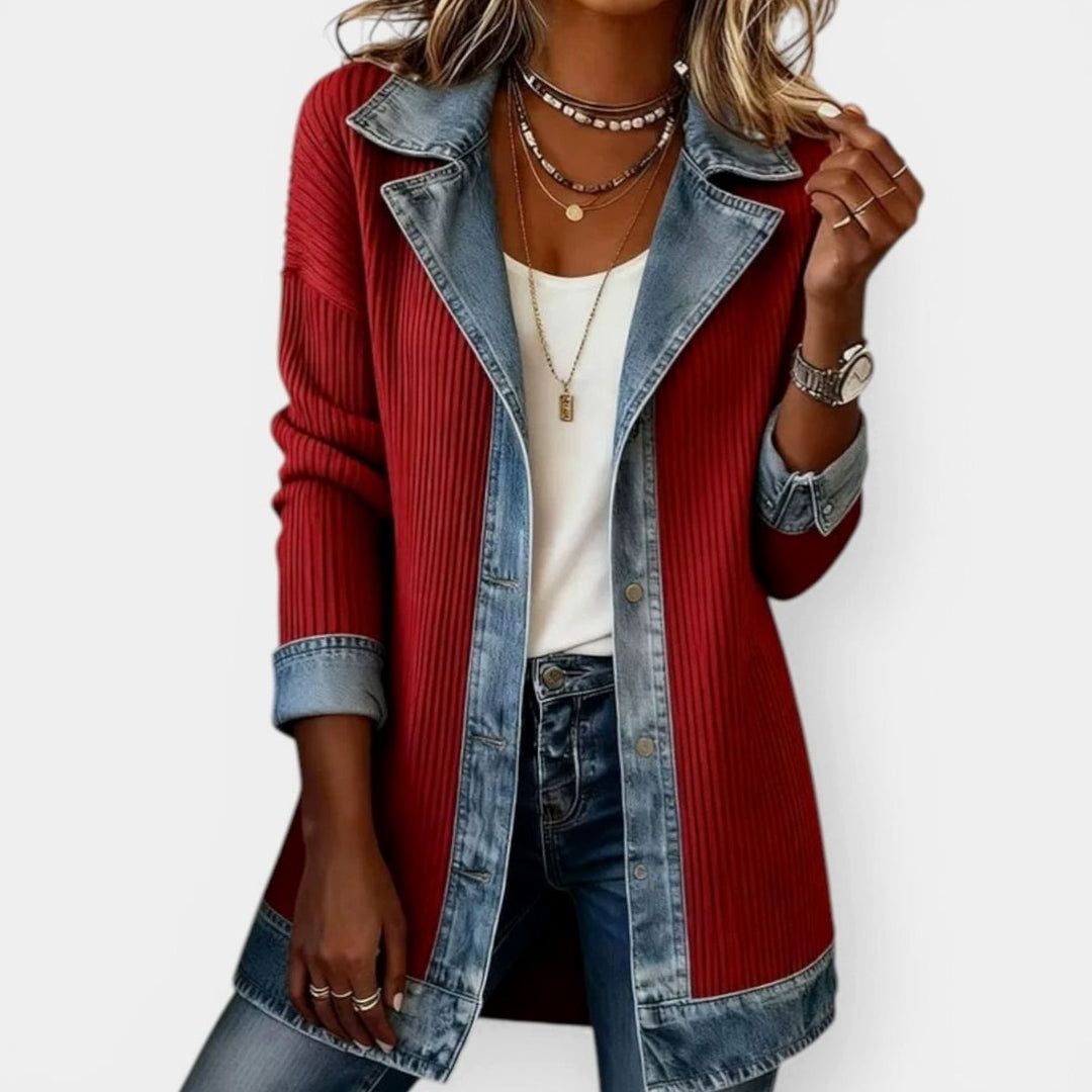 Women's Plus-Size Open-Front Denim-Trim Long Cardigan Sweater - Red