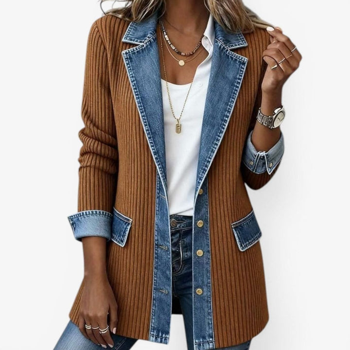 Women's Plus-Size Open-Front Denim-Trim Long Cardigan Sweater - Brown
