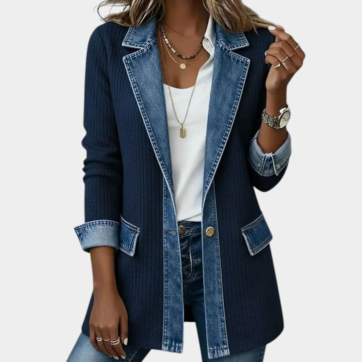 Women's Plus-Size Open-Front Denim-Trim Long Cardigan Sweater - Navy Blue