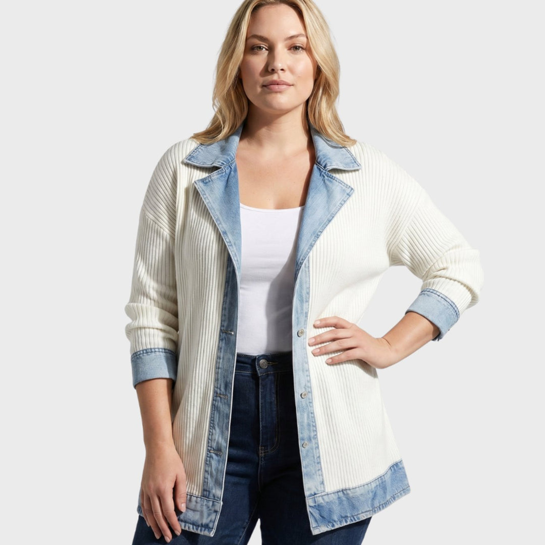 Women's Plus-Size Open-Front Denim-Trim Long Cardigan Sweater