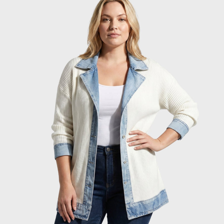 Women's Plus-Size Open-Front Denim-Trim Long Cardigan Sweater