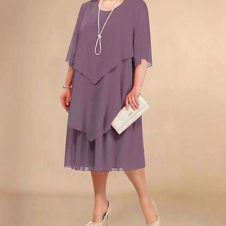 Women's Plus-Size Tiered Chiffon Midi Dress Round Neck - Light Purple