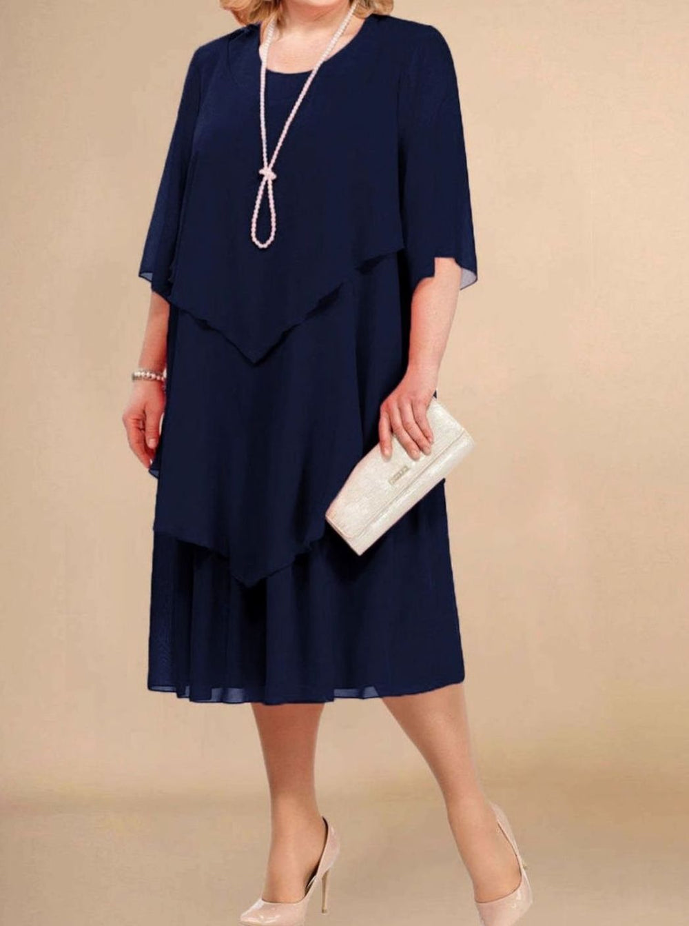 Women's Plus-Size Tiered Chiffon Midi Dress Round Neck - Dark Navy