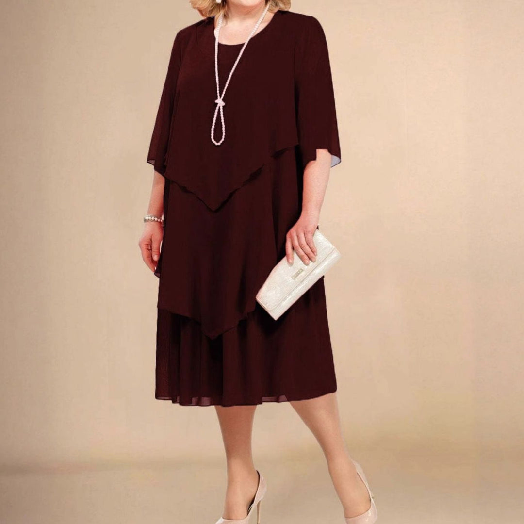 Women's Plus-Size Tiered Chiffon Midi Dress Round Neck - Deep Red