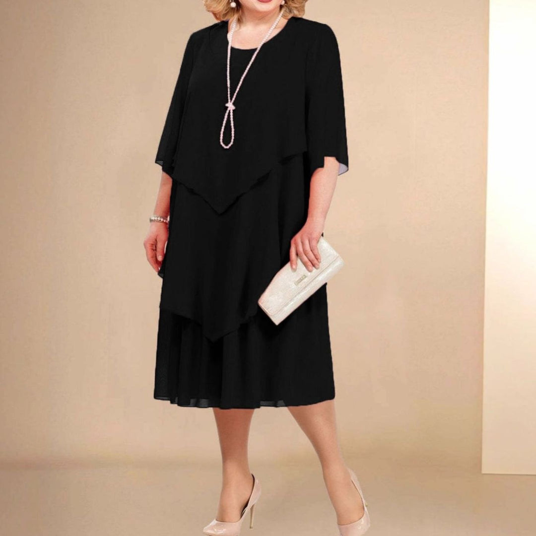 Women's Plus-Size Tiered Chiffon Midi Dress Round Neck - Black